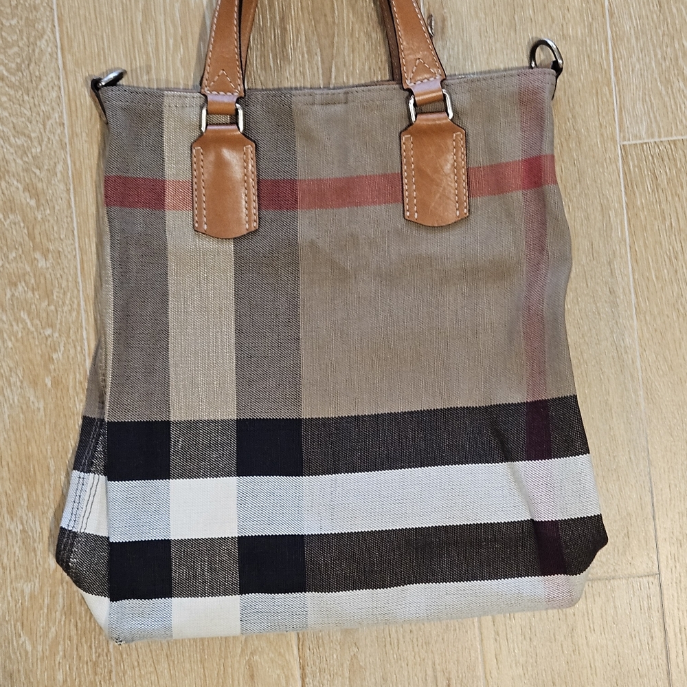 Burberry Plaid Tote Bag with Tan Accents